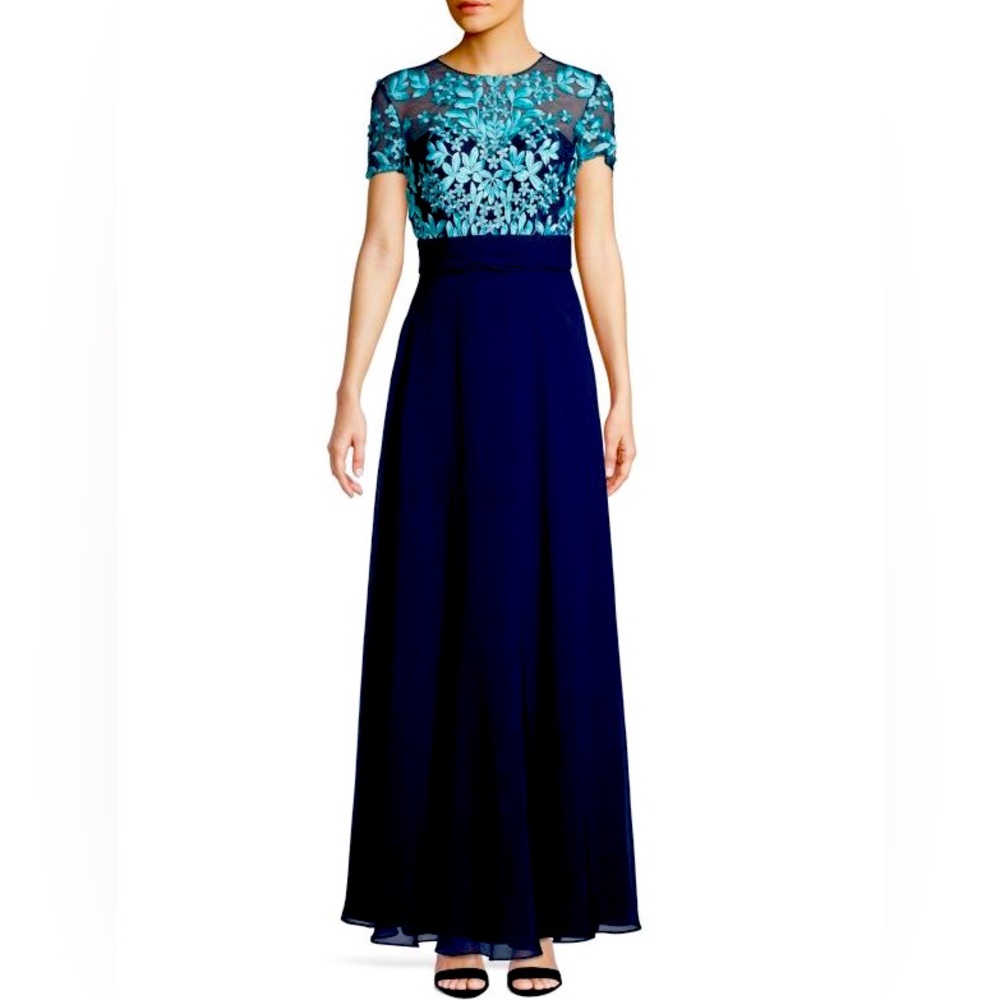 Js collection embroidered flared gown